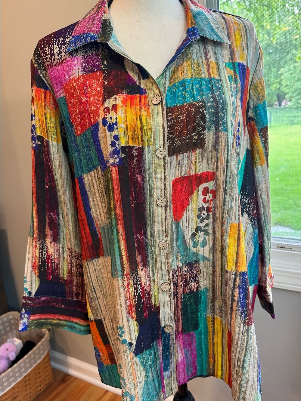 Ali Miles Gorgeous Abstract Patchwork Button-Up Shirt sz XL mixed print boho